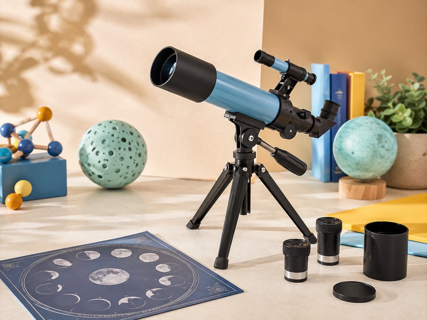Beginner Telescope Kit educational science kit arranged on a studio table