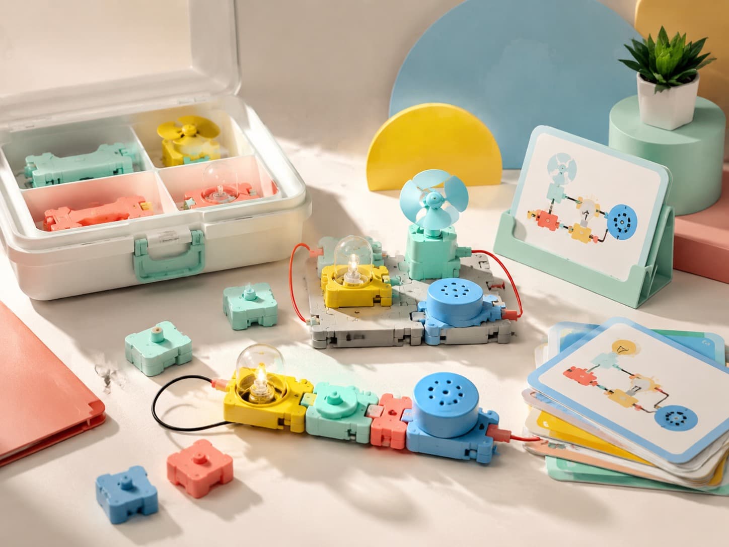 Circuit Building Blocks educational science kit arranged on a studio table