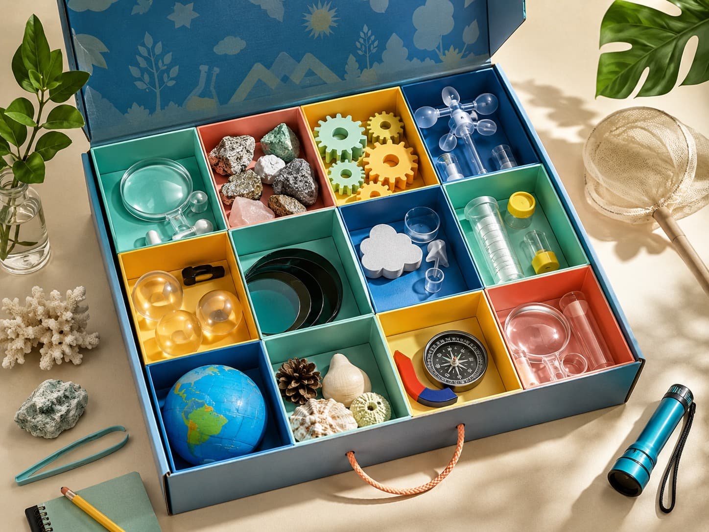 Whole-Year Science Club Box educational science kit arranged on a studio table